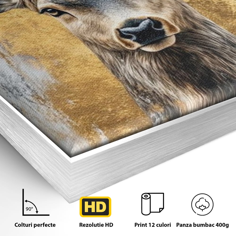 Detaliu al suprafetei: tablou canvas cu cerb si accente aurii, in rama de aluminiu argintiu